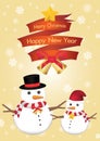 Merry christmas and happy new year ribbin with snowman and snow light bokeh background