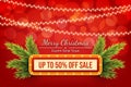 Merry Christmas and Happy New Year sale poster template. Vintage light sign and fir branches on colorful red background with Royalty Free Stock Photo