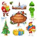 Merry Christmas and Happy New Year. Santa Claus. Christmas tree. Wooden sign. Gift box. Winter knitted hat. 3d vector icon set Royalty Free Stock Photo