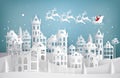 Merry Christmas and Happy New Year. Santa Claus coming to city on a sleigh with deers. Paper art vector Royalty Free Stock Photo