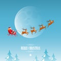Merry Christmas and Happy New Year, Santa Claus drives sleigh with reindeer on the full moon sky, flat cartoon style, vector