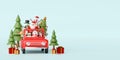 Merry Christmas and Happy New Year, Santa Claus and friend in a red car with Christmas decoration Royalty Free Stock Photo