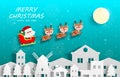 Merry Christmas and Happy new year Santa Claus and friend on sleigh in the village Paper cut style banner template Xmas holiday Royalty Free Stock Photo