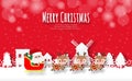 Merry Christmas and Happy new year Santa Claus and friend on sleigh in the village Paper cut style banner template Xmas holiday Royalty Free Stock Photo