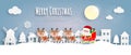 Merry Christmas and Happy new year Santa Claus and friend on sleigh in the village Paper cut style banner template Xmas holiday Royalty Free Stock Photo