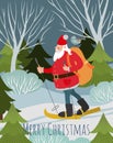 Merry Christmas and Happy New Year! Santa Claus with a gifts in a backpack in the forest by ski on the nature in winter. Vector