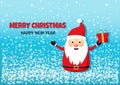 Merry Christmas Happy New Year. Santa Claus greeting  card, cartoon character, Santa with red hat and gift box, holiday Royalty Free Stock Photo
