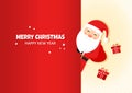 Merry Christmas, Happy New Year. Santa Claus greeting vector card, cute cartoon character, Santa with red hat and gift boxes, Royalty Free Stock Photo