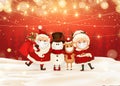 Merry Christmas. Happy new year. Santa Claus with Mrs. Claus, Reindeer, snowman with medical mask in Christmas snow