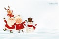 Merry Christmas. Happy new year. Santa Claus with Mrs. Claus, Reindeer, snowman in Christmas snow scene winter landscape Royalty Free Stock Photo