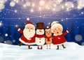 Merry Christmas. Happy new year. Santa Claus with Mrs. Claus, Reindeer, snowman in Christmas snow scene winter landscape. Mrs. Royalty Free Stock Photo