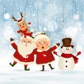 Merry Christmas. Happy new year. Santa Claus with Mrs. Claus, Reindeer, snowman in Christmas snow wooden background. Mrs Royalty Free Stock Photo