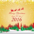 Merry Christmas and Happy New Year 2016. Santa Claus and red reindeer. The Christmas tree and snow on red background Royalty Free Stock Photo