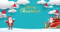 Merry Christmas and Happy New Year.Santa Claus is rides reindeer sleigh with a sack of gifts in Christmas snow scene. vector Royalty Free Stock Photo