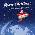 Merry Christmas and Happy New Year. Santa Claus on a rocket flies in space around the Earth. Winter, stars, vector Royalty Free Stock Photo