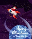 Merry Christmas and Happy New Year. Santa Claus on a rocket flies in space around the Earth. Winter, stars, vector Royalty Free Stock Photo