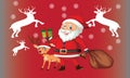 Merry Christmas and Happy New Year. Santa Claus\'s reindeer with a sack of gifts in Christmas snow.