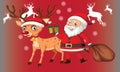 Merry Christmas and Happy New Year. Santa Claus\'s reindeer with a sack of gifts in Christmas snow scene.