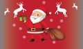 Merry Christmas and Happy New Year. Santa Claus\'s reindeer with a sack of gifts in Christmas snow scene.