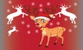 Merry Christmas and Happy New Year. Santa Claus\'s reindeer with a sack of gifts in Christmas snow scene.