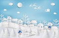 Merry Christmas and Happy New Year. Santa Claus on the sky coming to City. with winter landscape with snowflakes, light, stars. M Royalty Free Stock Photo