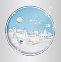 Merry Christmas and Happy New Year. Santa Claus on the sky coming to City. with winter landscape with snowflakes, light, stars. M Royalty Free Stock Photo