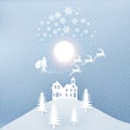 Merry Christmas and Happy New Year. Santa Claus on the sky coming to City. with winter landscape with snowflakes, light, stars. M Royalty Free Stock Photo