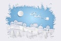 Merry Christmas and Happy New Year. Santa Claus on the sky coming to City. with winter landscape with snowflakes, light, stars. M Royalty Free Stock Photo