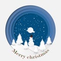 Merry Christmas and Happy New Year.Santa Claus and snowman in forest.White silhouette paper art design on blue sky background. Royalty Free Stock Photo