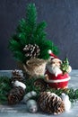 Merry christmas and a happy new year. a Santa Claus toy, a burning candle and a sleigh. Christmas Holidays. set of Christmas ornam Royalty Free Stock Photo