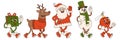 Merry Christmas and Happy New year. Santa Claus, Christmas tree, bear, snowman, reindeer.