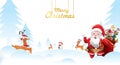 Merry Christmas and Happy New Year.Santa Claus is waving with a sack of gifts in Christmas snow scene and reindeer. vector Royalty Free Stock Photo