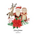 Merry Christmas and Happy New Year with Santa, Mrs Claus and Reindeer standing behind poinsettia flower vector Royalty Free Stock Photo
