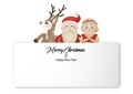 Merry Christmas and Happy New Year with Santa, Mrs. Claus and Reindeer standing behind white label vector Royalty Free Stock Photo