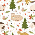 Merry Christmas and Happy New Year seamless pattern with cute cats and floral elements.