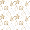 Merry Christmas and Happy New Year seamless pattern with golden hand drawn stars and toys. Festive background. Vector illustration Royalty Free Stock Photo