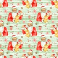 Merry Christmas and Happy New Year Seamless pattern with Santa and gifts on white background. Watercolor illustration. Royalty Free Stock Photo