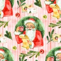 Merry Christmas and Happy New Year Seamless pattern with Santa and gifts on white background. Watercolor illustration. Royalty Free Stock Photo