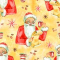 Merry Christmas and Happy New Year Seamless pattern with Santa and gifts on white background. Watercolor illustration. Royalty Free Stock Photo