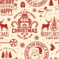 Merry Christmas and Happy New Year seamless pattern with snowflakes, hanging christmas ball, Santa Claus, fireplace Royalty Free Stock Photo