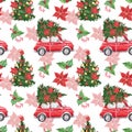 Decorative watercolor holiday seamless pattern with red Christmas car, festive fir tree, poinsettia flower, candy cane, holly Royalty Free Stock Photo