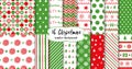 Merry Christmas and Happy New Year seamless patterns in red green colors christmas tree, cnow, gifts Royalty Free Stock Photo
