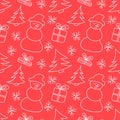 Merry Christmas and Happy New Year! Seamless vector pattern with doodle style with snowmen, Christmas tree and snowflakes.