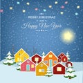 Merry Christmas Happy New Year season`s greetings card template. Winter village countryside landscape.