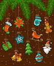 Merry Christmas and Happy New Year seasonal winter card background with hanging ropes garlands with xmas decoration elements Royalty Free Stock Photo