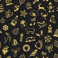 Merry Christmas and Happy New Year seasonal winter Seamless Pattern Texture with decoration items in black and gold Royalty Free Stock Photo