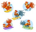 Merry Christmas and Happy New Year Set with Cute Funny Roosters riding sled, skiing, snowboarding and skating