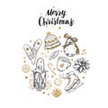 Merry Christmas and Happy New Year set. Vector hand drawn winter elements and Modern brushpen Calligraphy. Winter Joy. Let it snow Royalty Free Stock Photo