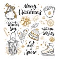 Merry Christmas and Happy New Year set. Vector hand drawn winter elements and Modern brushpen Calligraphy. Winter Joy. Let it snow Royalty Free Stock Photo