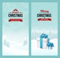 Merry Christmas and Happy New Year set of vertical banners with vintage badges on the holiday winter scene landscape background. Royalty Free Stock Photo